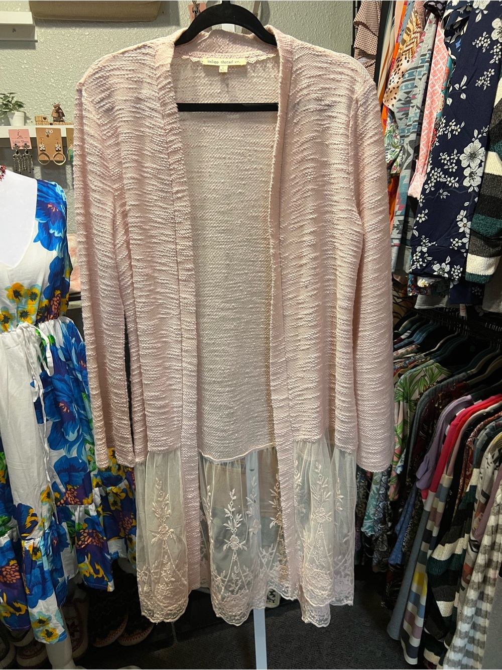 Indigo Thread Co Light Pink Open-Front Knit Cardigan with Lace Trim